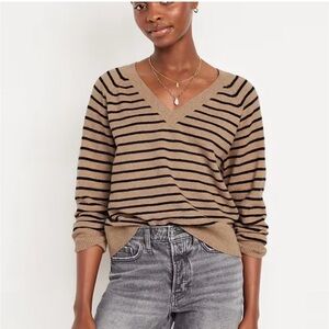 Old Navy Striped V-Neck Sweater - Tan and Black